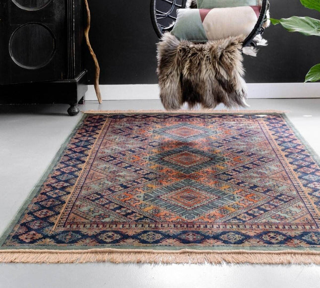 Vintage vloerkleed Khepera groen met franjes - Vloerkledenloods