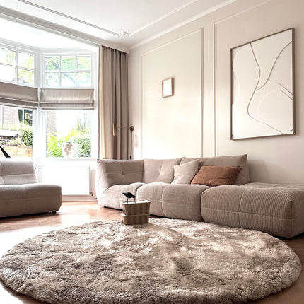 Rond hoogpolig vloerkleed Odelia stone - Interieur05