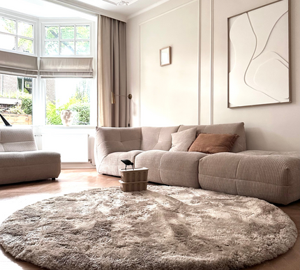Rond hoogpolig vloerkleed Odelia stone - Interieur05