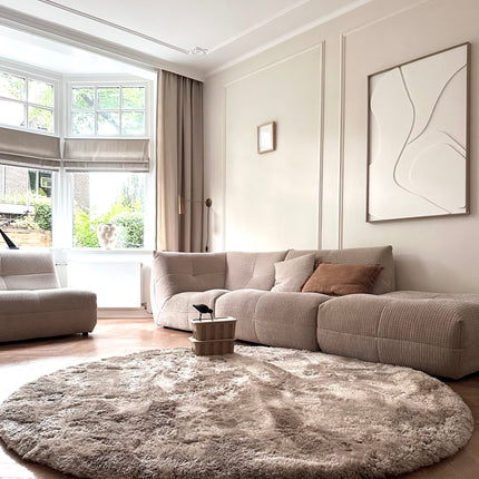 Rond hoogpolig vloerkleed Odelia stone - Interieur05