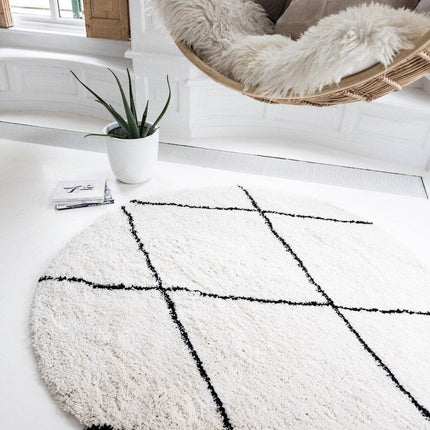 Berber Rond vloerkleed hoogpolig Wit/Zwart - scandinavisch - nea - Vloerkledenloods