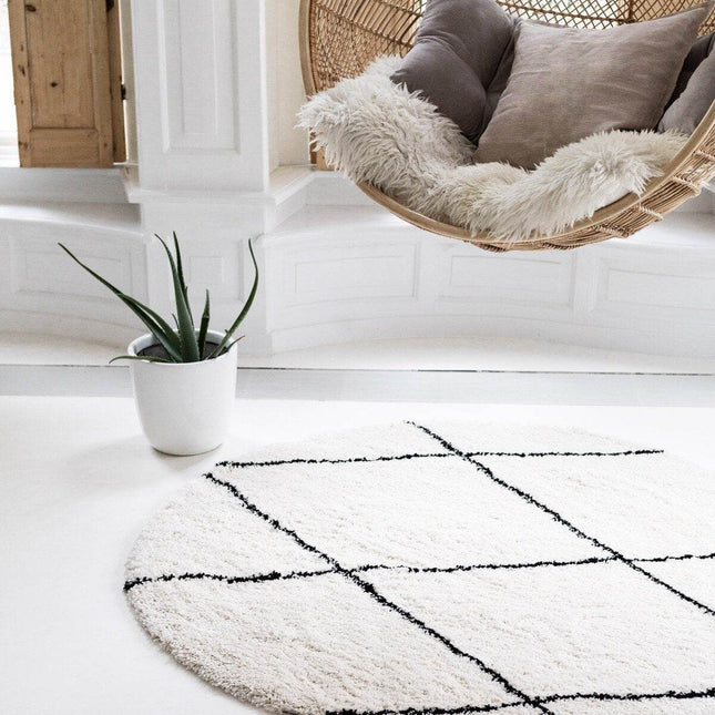 Berber Rond vloerkleed hoogpolig Wit/Zwart - scandinavisch - nea - Vloerkledenloods