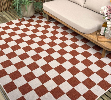 Buitenkleed Level blokken - checkerboard - roest - Interieur05 - Vloerkledenloods