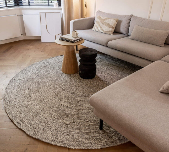 Rond wollen vloerkleed Gapo grijs gemeleerd