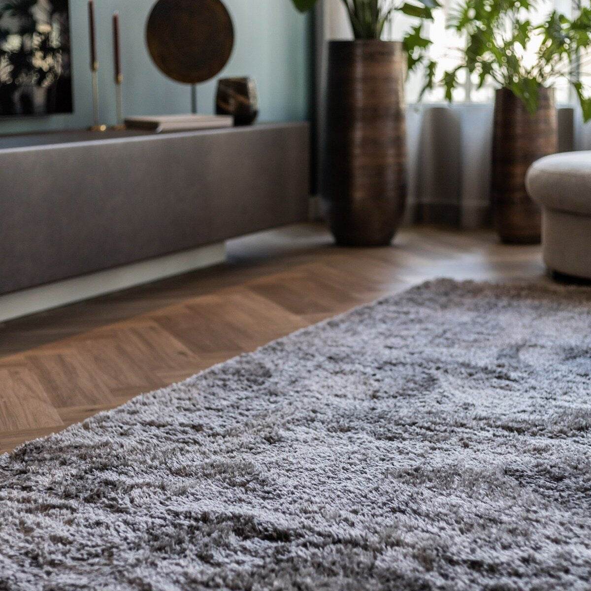 Hoogpolig vloerkleed shaggy Trend lijstmotief rond - grijs Hoogpolig vloerkleed shaggy Trend lijstmotief rond - grijs