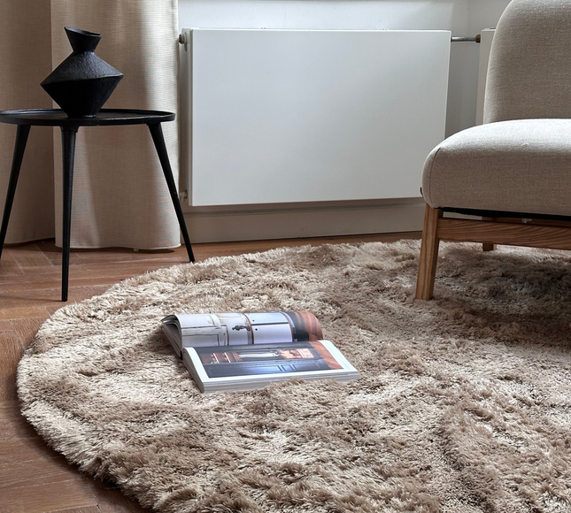 Rond hoogpolig vloerkleed Odelia bruin/taupe - Interieur05