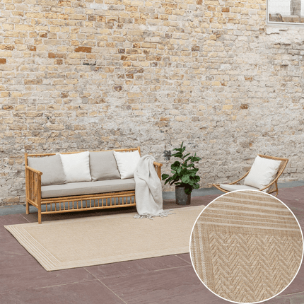 Jute buitenkleed Naturel Visgraat Border - Vloerkledenloods