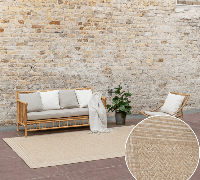 Jute buitenkleed Naturel Visgraat Border - Vloerkledenloods