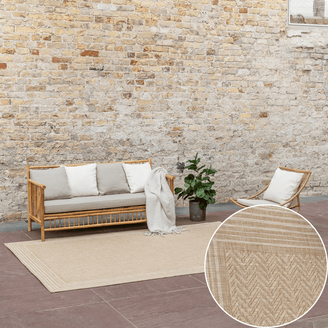 Jute buitenkleed Naturel Visgraat Border - Vloerkledenloods
