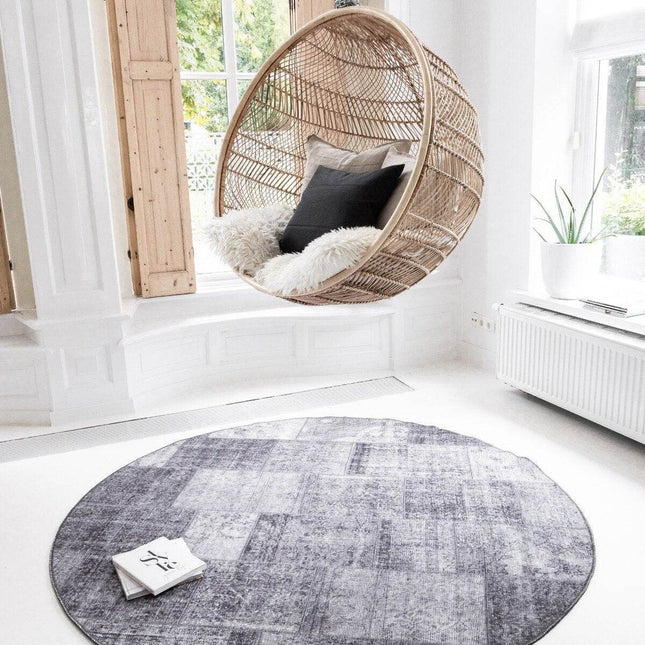 Patchwork Vloerkleed rond Antraciet Lara - Vloerkledenloods