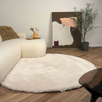 Rond hoogpolig vloerkleed Furr beige - Interieur05 - Vloerkledenloods