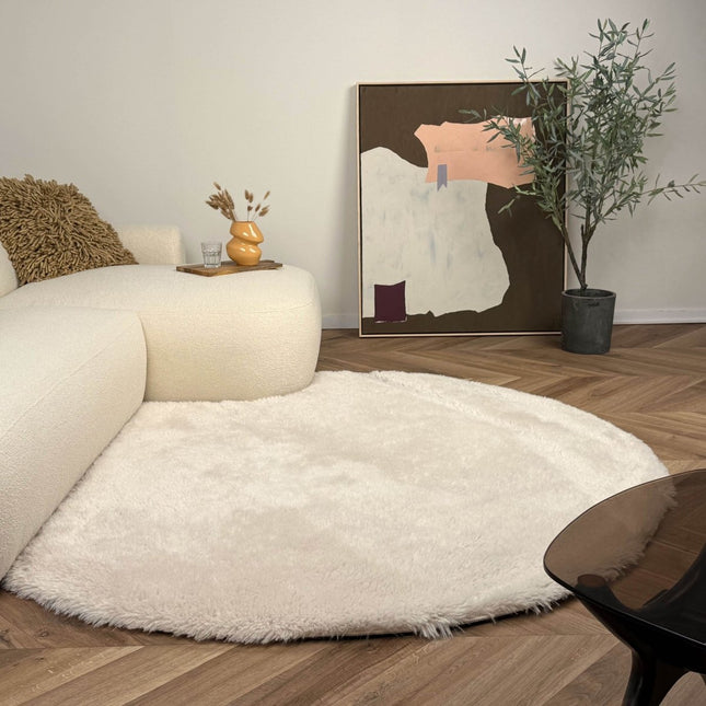Rond hoogpolig vloerkleed Furr beige - Interieur05 - Vloerkledenloods