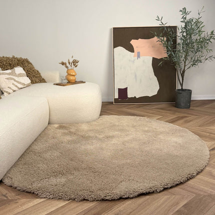 Rond hoogpolig vloerkleed Furr bruin - Interieur05 - Vloerkledenloods