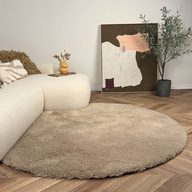 Rond hoogpolig vloerkleed Furr bruin - Interieur05 - Vloerkledenloods