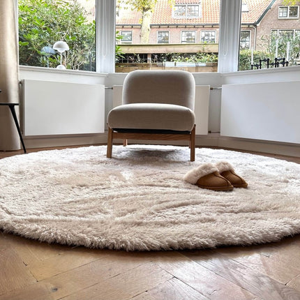 Rond hoogpolig vloerkleed Odelia beige/wit - Interieur05 - Vloerkledenloods