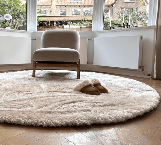 Rond hoogpolig vloerkleed Odelia beige/wit - Interieur05 - Vloerkledenloods