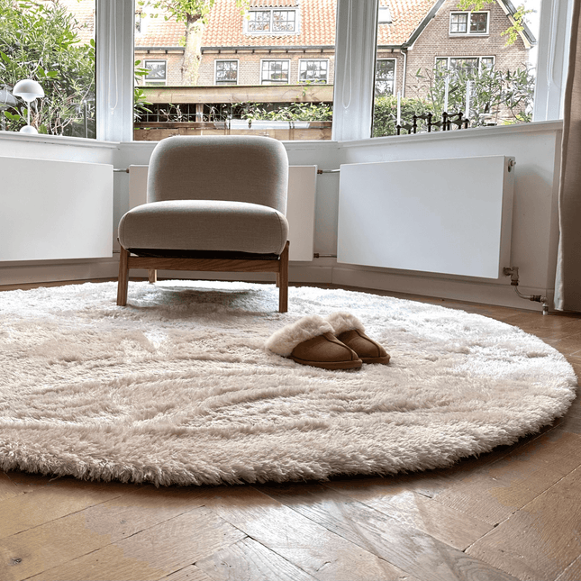 Rond hoogpolig vloerkleed Odelia beige/wit - Interieur05 - Vloerkledenloods