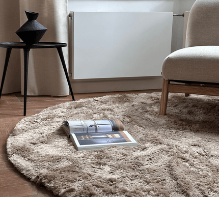 Rond hoogpolig vloerkleed Odelia bruin/taupe - Interieur05 - Vloerkledenloods