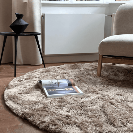Rond hoogpolig vloerkleed Odelia bruin/taupe - Interieur05 - Vloerkledenloods
