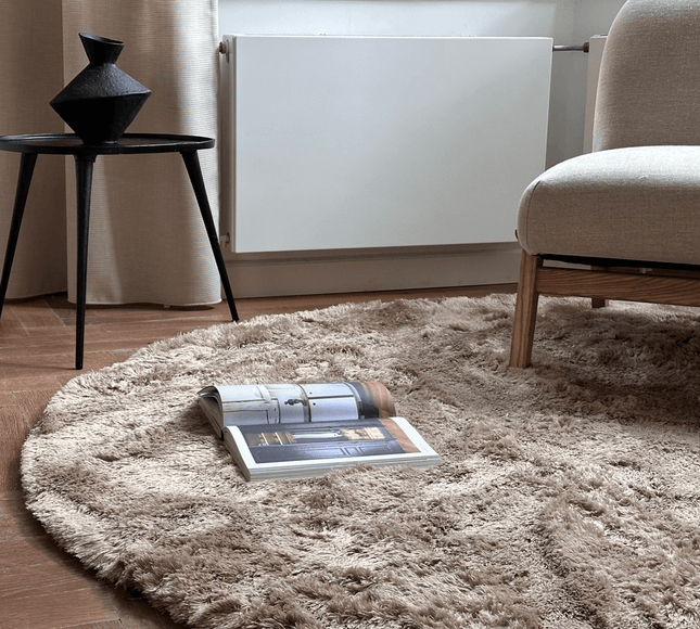 Rond hoogpolig vloerkleed Odelia bruin/taupe - Interieur05 - Vloerkledenloods