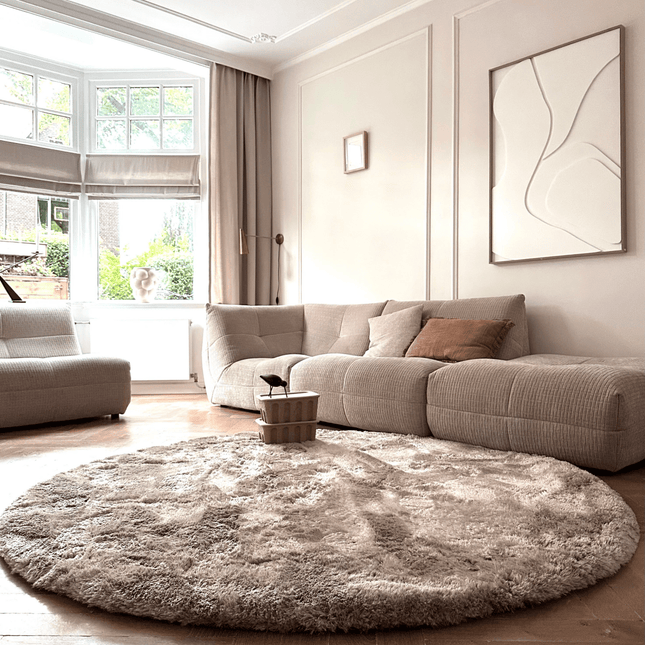 Rond hoogpolig vloerkleed Odelia stone - Interieur05 - Vloerkledenloods