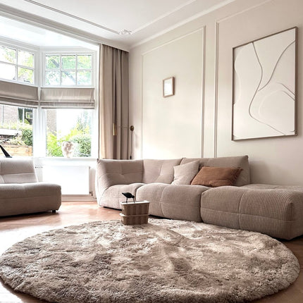 Rond hoogpolig vloerkleed Odelia stone - Interieur05 - Vloerkledenloods