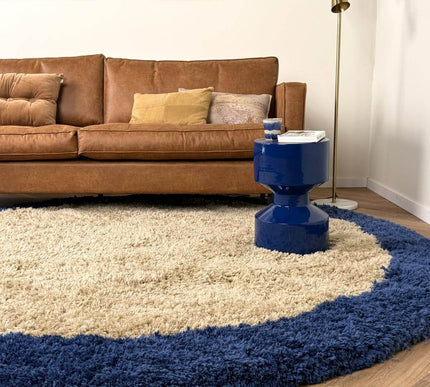 Rond hoogpolig vloerkleed Pilo beige/blauw polyester Interieur05 - Vloerkledenloods