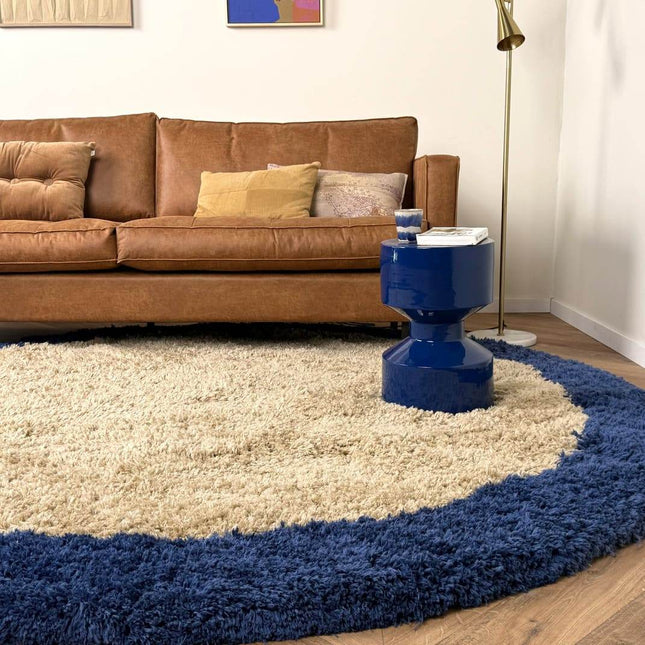 Rond hoogpolig vloerkleed Pilo beige/blauw polyester Interieur05 - Vloerkledenloods
