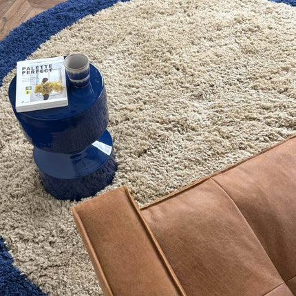 Rond hoogpolig vloerkleed Pilo beige/blauw polyester Interieur05 - Vloerkledenloods