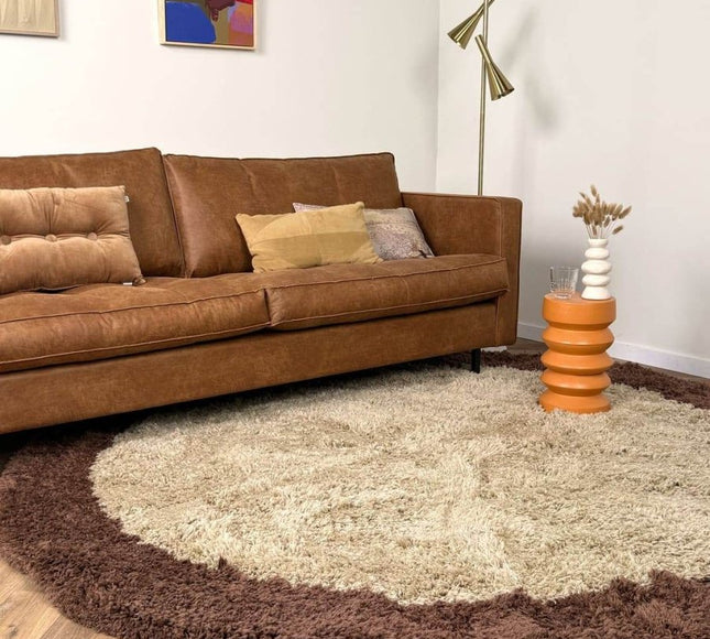 Rond hoogpolig vloerkleed Pilo beige/bruin polyester Interieur05 - Vloerkledenloods