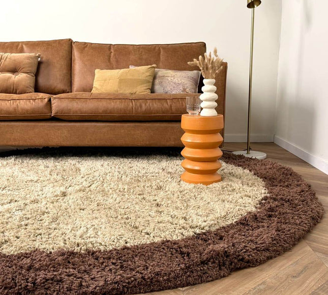 Rond hoogpolig vloerkleed Pilo beige/bruin polyester Interieur05 - Vloerkledenloods