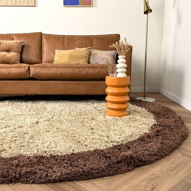 Rond hoogpolig vloerkleed Pilo beige/bruin polyester Interieur05 - Vloerkledenloods