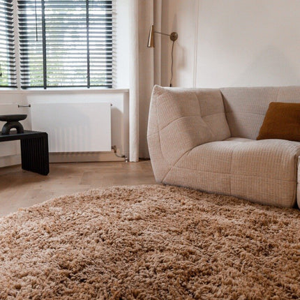 Rond Hoogpolig Vloerkleed Pilo Bruin Polyester Interieur05 - Vloerkledenloods
