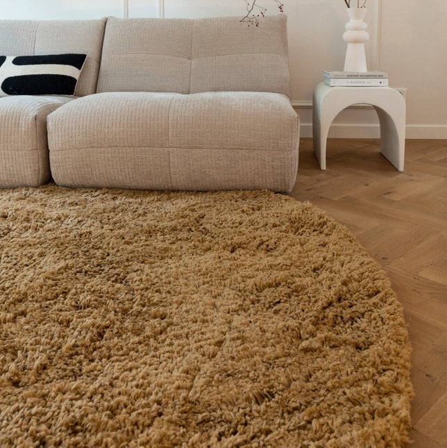 Rond Hoogpolig Vloerkleed Pilo Caramel Polyester Interieur05 - Vloerkledenloods