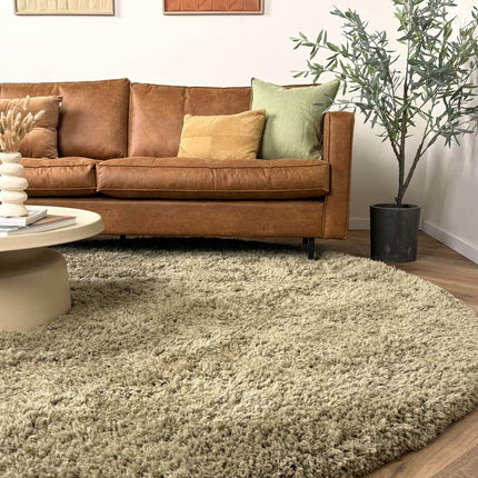Rond hoogpolig vloerkleed Pilo groen polyester Interieur05 - Vloerkledenloods