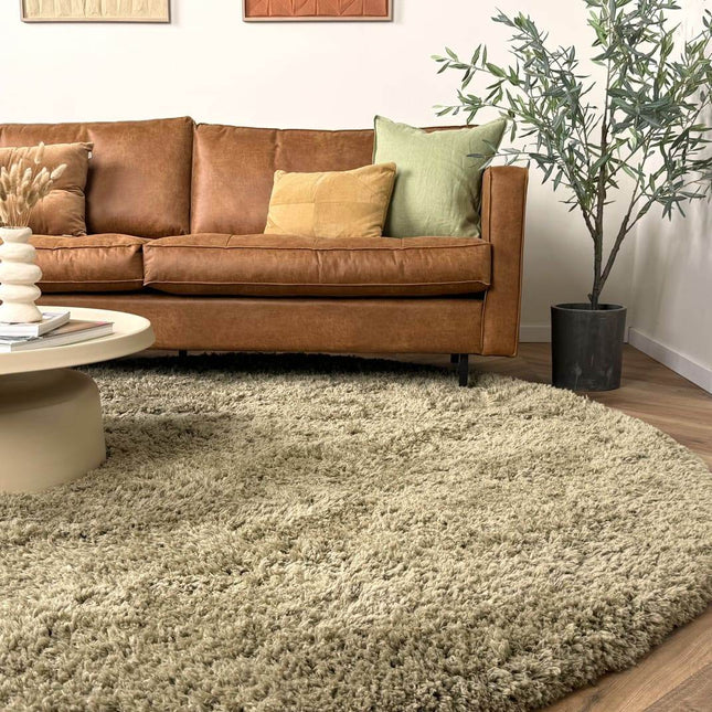 Rond hoogpolig vloerkleed Pilo groen polyester Interieur05 - Vloerkledenloods
