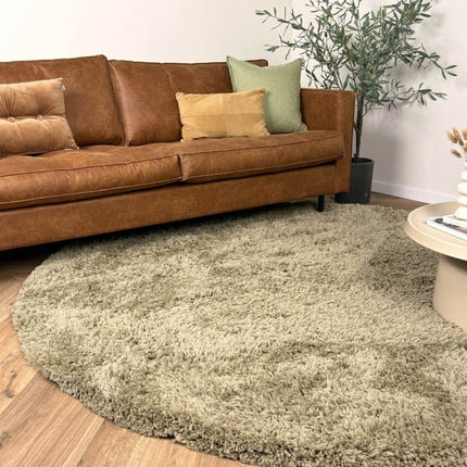 Rond hoogpolig vloerkleed Pilo groen polyester Interieur05 - Vloerkledenloods