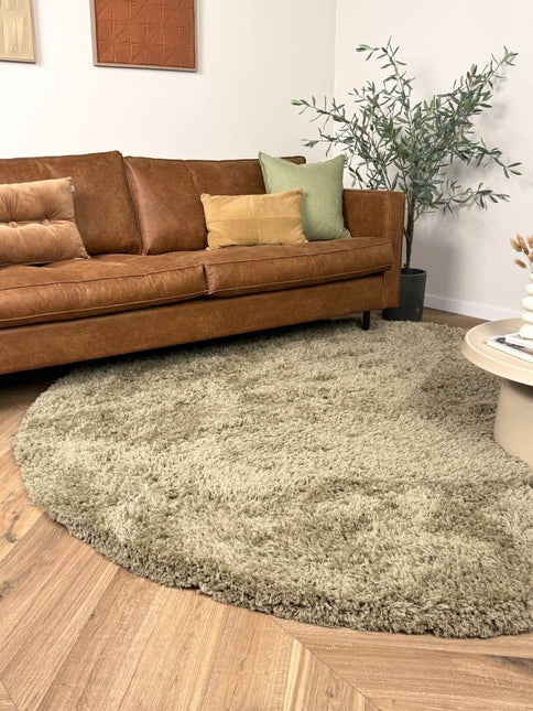 Rond hoogpolig vloerkleed Pilo groen polyester Interieur05 - Vloerkledenloods