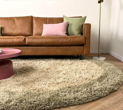 Rond hoogpolig vloerkleed Pilo groen/beige polyester Interieur05 - Vloerkledenloods
