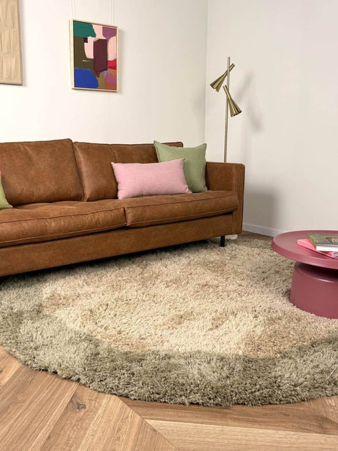 Rond hoogpolig vloerkleed Pilo groen/beige polyester Interieur05 - Vloerkledenloods