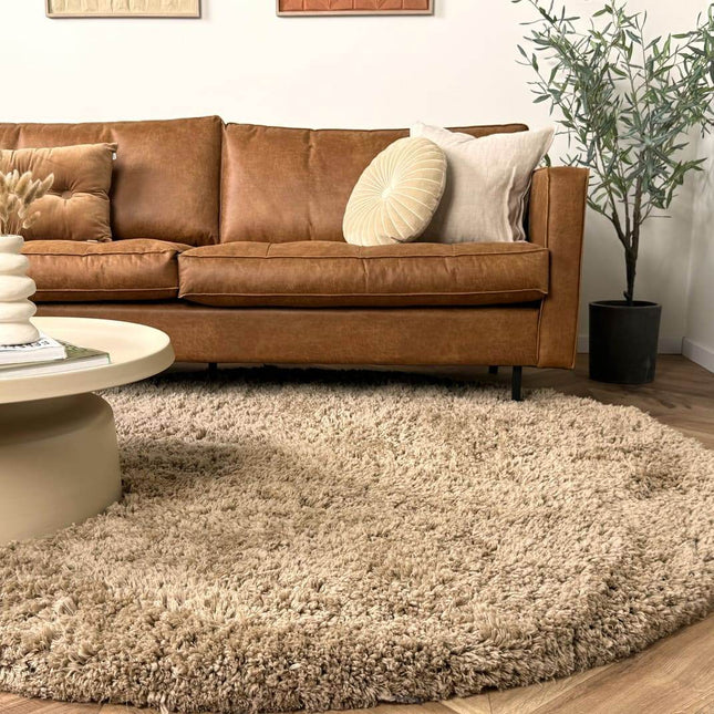 Rond hoogpolig vloerkleed Pilo taupe polyester Interieur05 - Vloerkledenloods