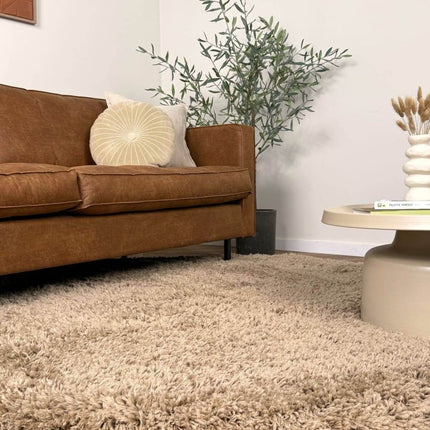 Rond hoogpolig vloerkleed Pilo taupe polyester Interieur05 - Vloerkledenloods