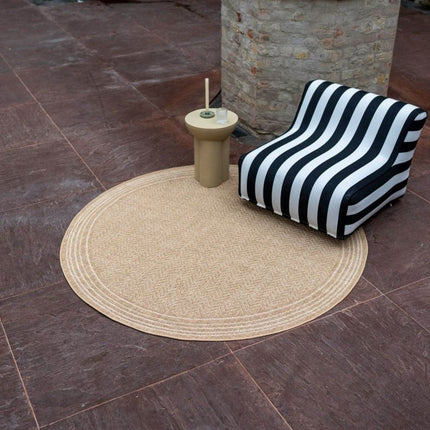 Rond Jute buitenkleed Naturel Visgraat Border - Vloerkledenloods
