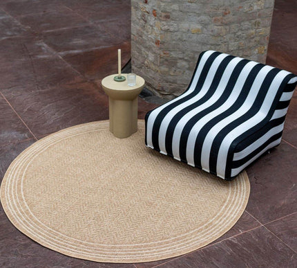 Rond Jute buitenkleed Naturel Visgraat Border - Vloerkledenloods
