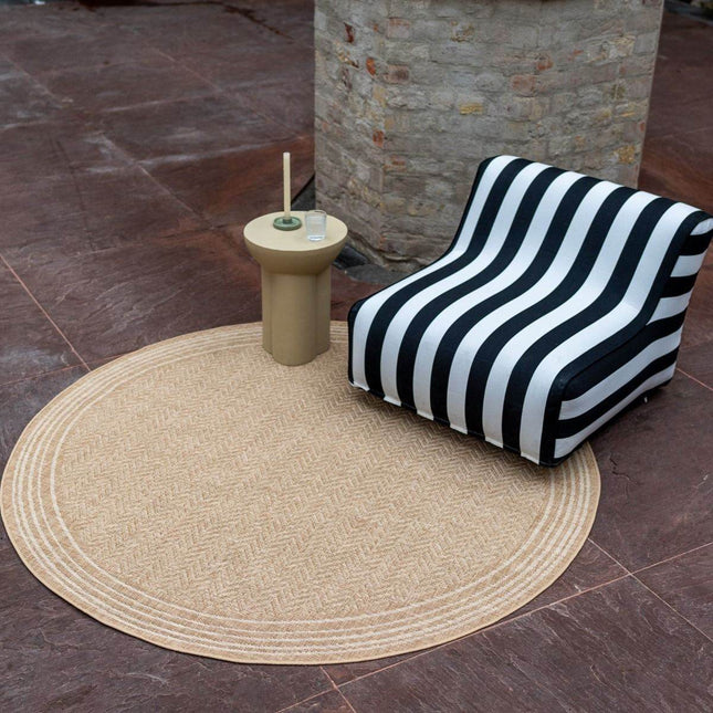 Rond Jute buitenkleed Naturel Visgraat Border - Vloerkledenloods