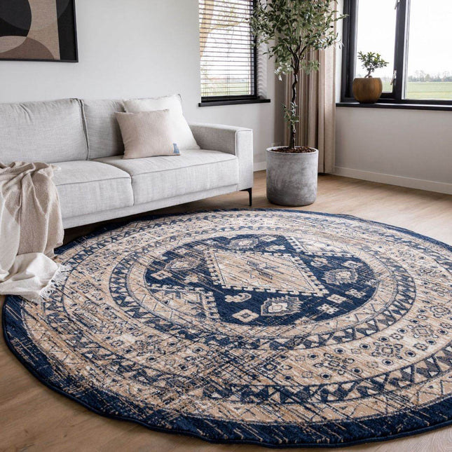 Rond Vintage Vloerkleed Aila Blauw - Vloerkledenloods