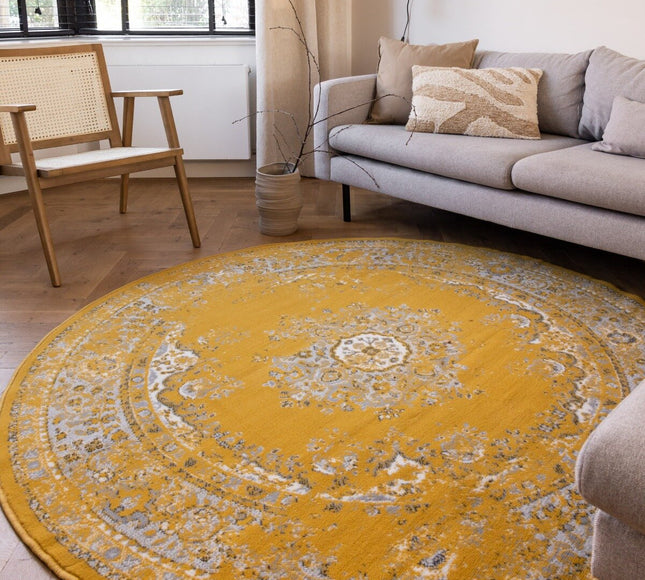 Rond Vintage Vloerkleed Keshan Geel