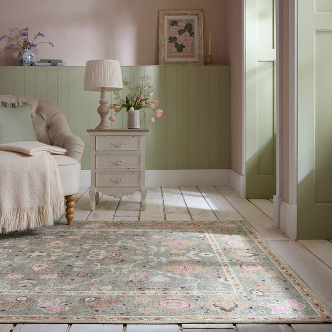Vintage vloerkleden - Flair Rugs vloerkleed Una Floral Washable Groen - Vloerkledenloods