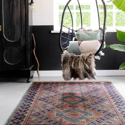 Vintage vloerkleed Khepera groen met franjes - Vloerkledenloods