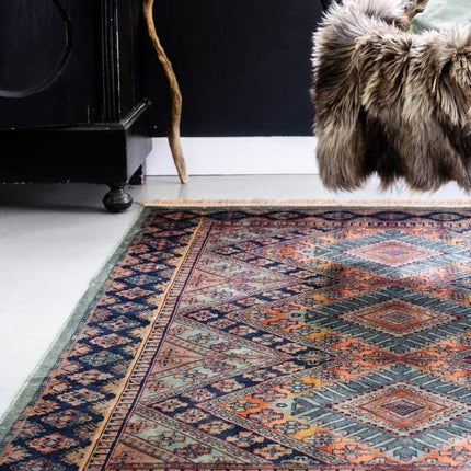 Vintage vloerkleed Khepera groen met franjes - Vloerkledenloods